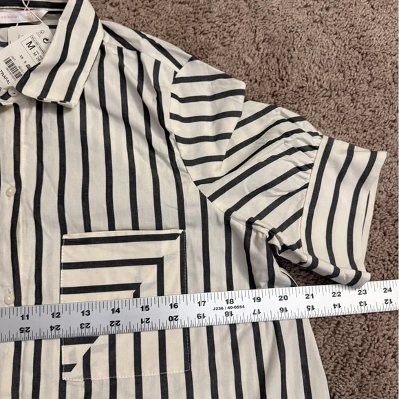 Zara Button Shirt Women size Medium Black Stripe Collar Short Sleeve Top - Picture 6 of 8